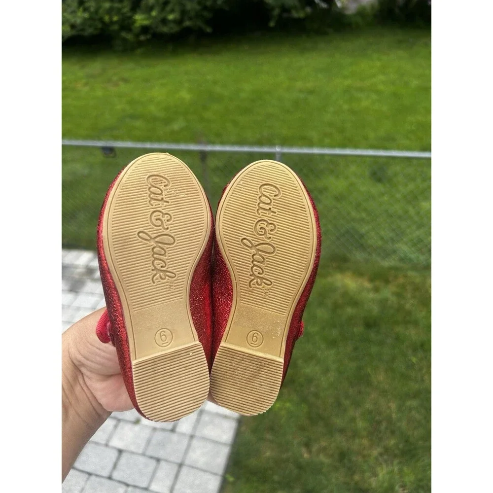 Cat & Jack Girls Size 6 Red Metallic Bow Mary Jane Flats